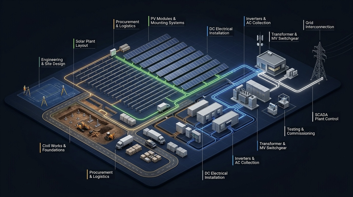 End-to-end EPC solar project lifecycle, from engineering and civil works through DC/AC installation to transformer, grid interconnection, and SCADA control