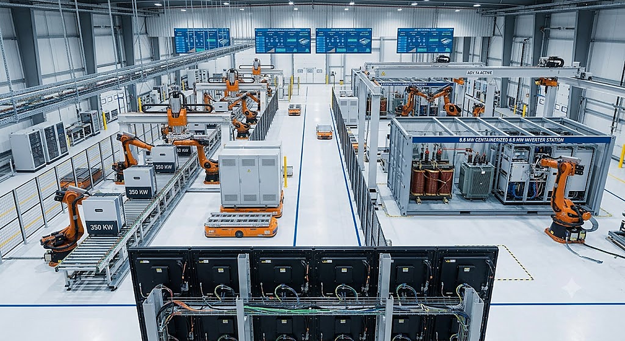 Inverter production hall with 8.8 MW containerized inverter station